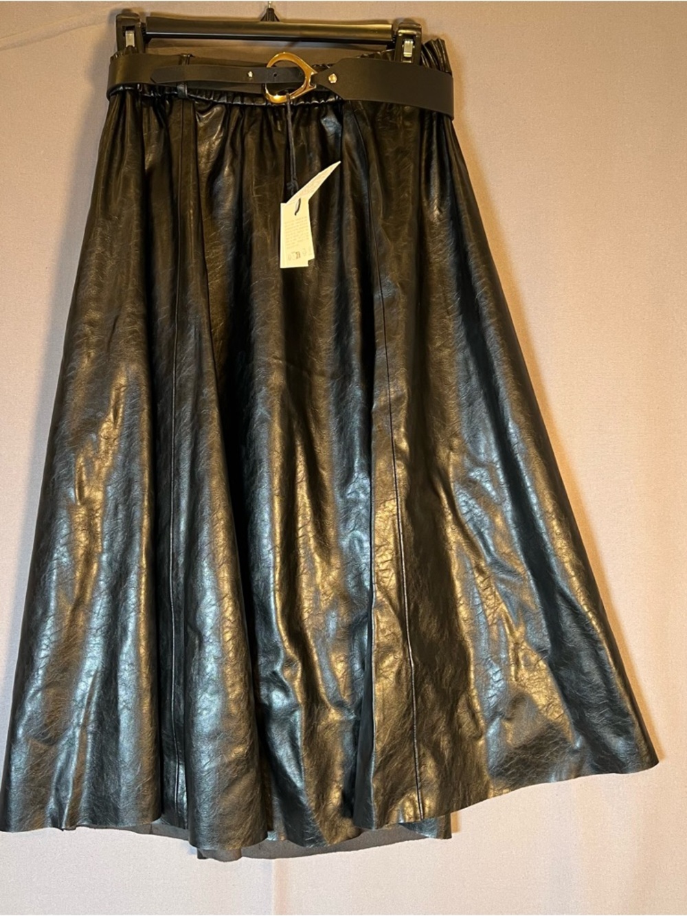 Zara Black Faux Leather A-Line Maxi Skirt with Belt Detail SzL NWT